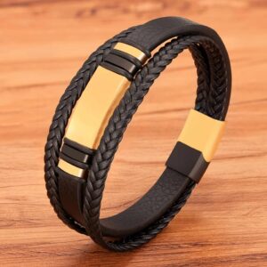 Premium Leather Bracelet for Men and Women (Gold Braided)